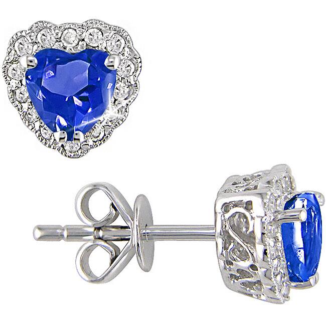 10k Gold Created Sapphire, 1/10ct TDW Diamond Heart Earrings
