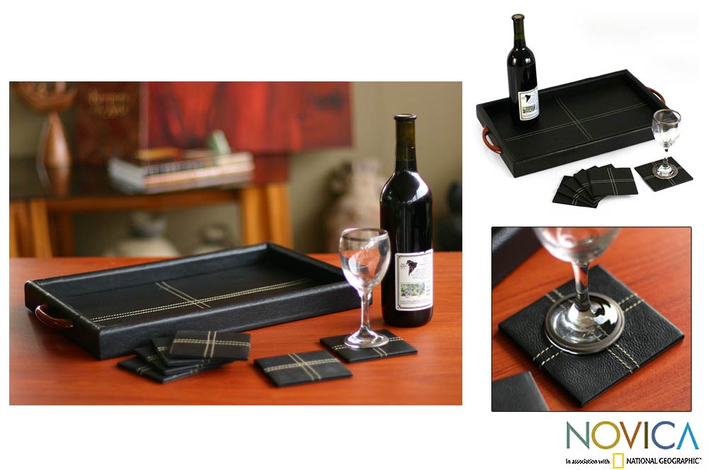 Leather and Cedar Black Tie Tray and Coaster Set (Peru)   