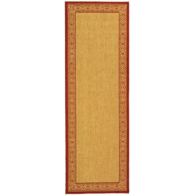 Indoor/ Outdoor Oceanview Natural/ Red Runner (24 X 67) (BeigePattern BorderMeasures 0.25 inch thickTip We recommend the use of a non skid pad to keep the rug in place on smooth surfaces.All rug sizes are approximate. Due to the difference of monitor co