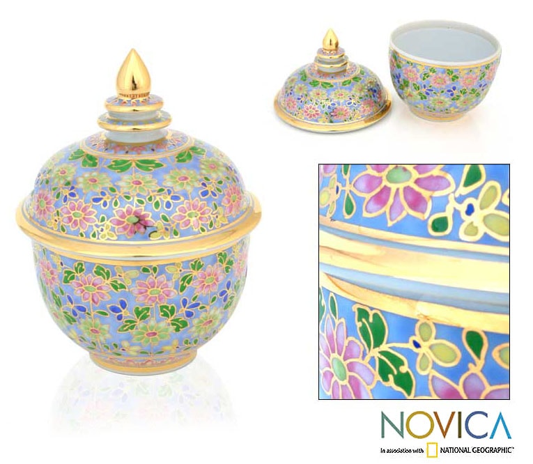 Benjarong Porcelain Flowers On Blue Jar (Thailand)  