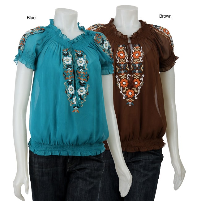 ECI Womens Embroidered Peasant Top  