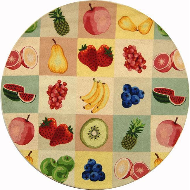 Hand hooked Fruit Panels Ivory Wool Rug (8 Round)