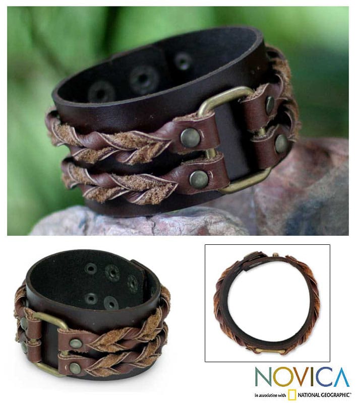 Leather Twin Braids Mens Wristband Bracelet (Thailand)   