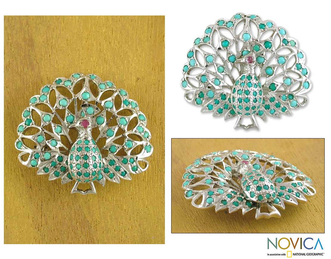   Silver Ruby Majestic Peacock Brooch Pendant (India)  