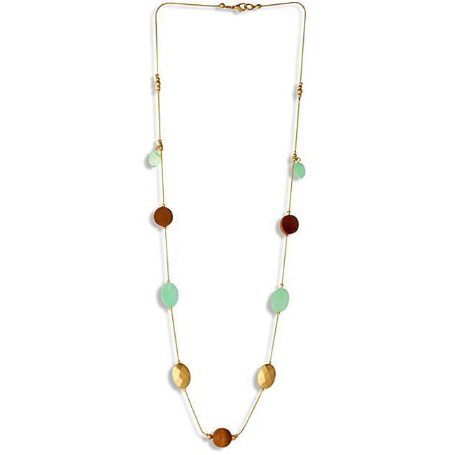 Goldtone Turquoise and Wood Single strand Necklace  