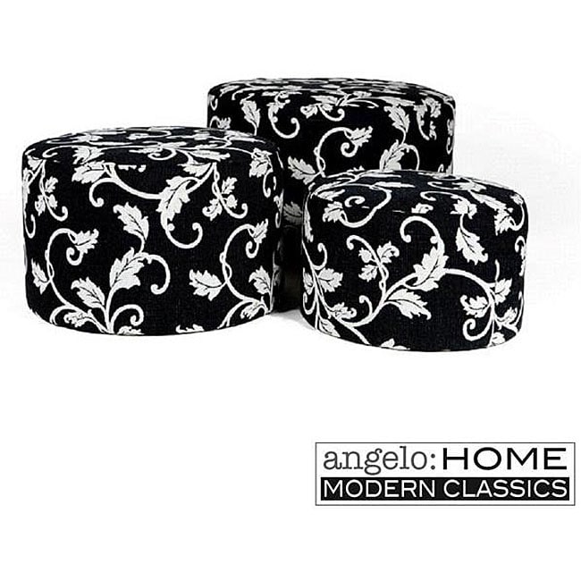   HOME Nesting Round Ottomans Charcoal Black and White Vine (Set of 3