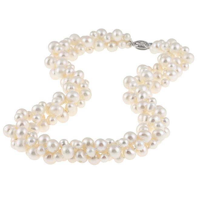 DaVonna Sterling Silver 4 -8 mm White Freshwater Pearl 3-row Twisted Necklace 18"