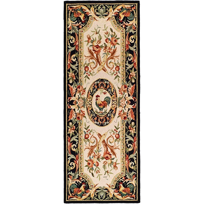 Hand hooked Rooster Ivory/ Black Wool Runner (3 X 8)