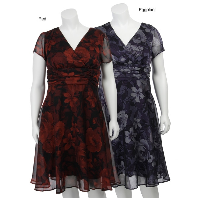 Connected Apparel Womens Plus Size Floral Print Chiffon Dress 