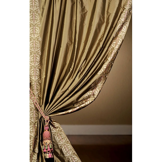 Signature Embroidered Olive Faux Silk Taffeta 108 inch Curtain Panel