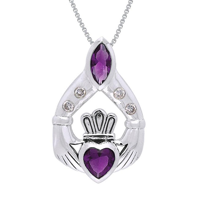   Silver Amethyst Bright Sparkle Claddagh Necklace  