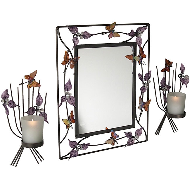 Leaf and Butterfly Wall Sconces and Mirror Set  