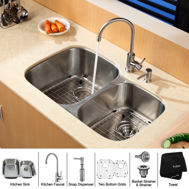 KRAUS 33 Inch Undermount Double Bowl Stainless Steel Kitchen Sink with  Kitchen Bar Faucet and Soap Dispenser - Bed Bath & Beyond - 4389944