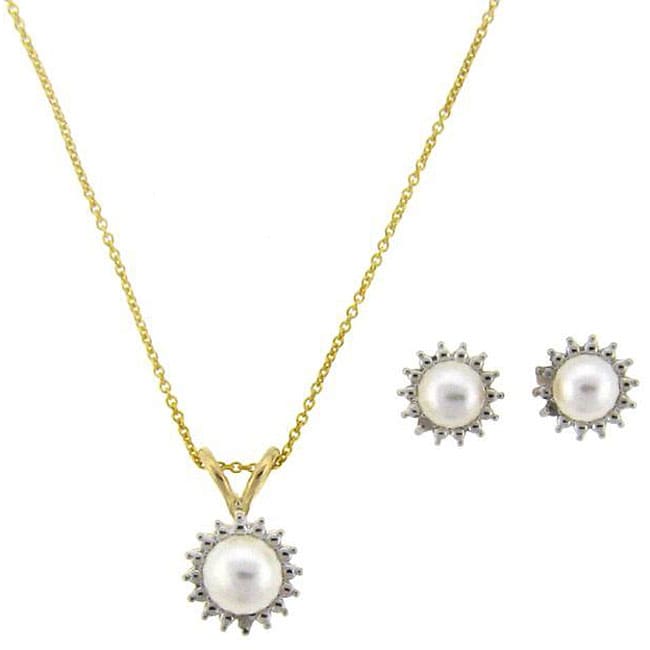   Pearl and Diamond Accent Pendant and Earring Set  