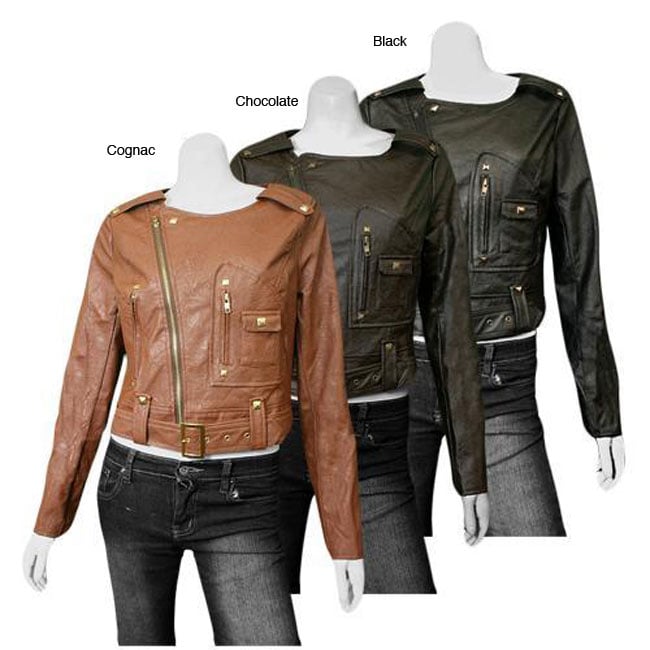 Si Style Juniors Embellished Collarless Belted Faux Leather Jacket 