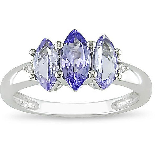 14k White Gold Tanzanite and Diamond 3 stone Ring  