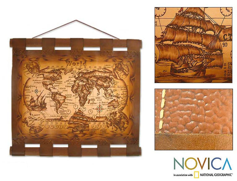 Leather Map Modern World Wall Hanging (Brazil)  