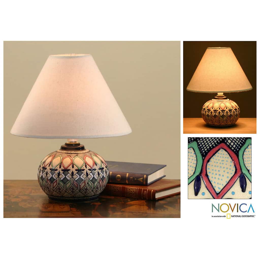 Light of Night Hand Painted Ceramic Multicolor Relief Glaze with Cream Cotton Shade Unique Decor Accent Table Lamp (Mexico)