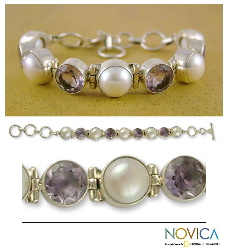   Silver Pearl and Amethyst Goddess Bracelet (India)  