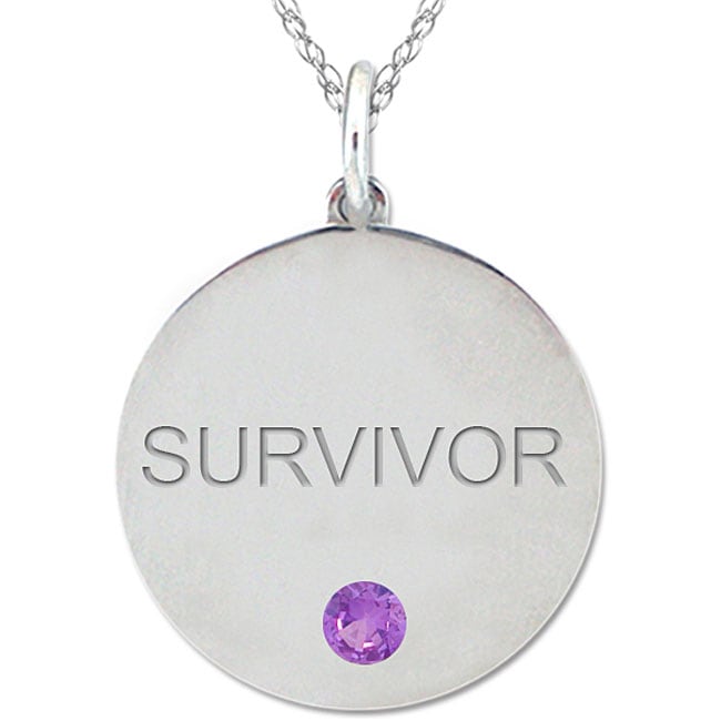 10k Gold February Birthstone Amethyst Engraved 'SURVIVOR' Necklace Gemstone Necklaces