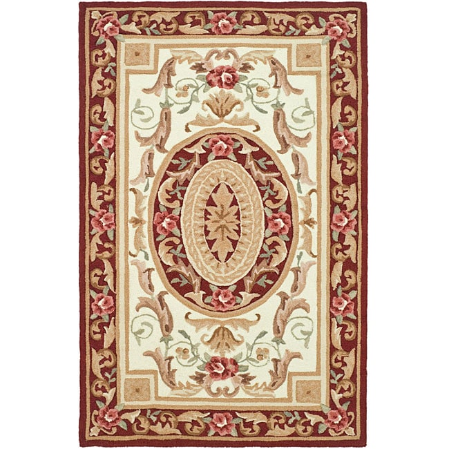 Hand hooked Aubusson Ivory/ Burgundy Polypropylene Rug (2 X 3)