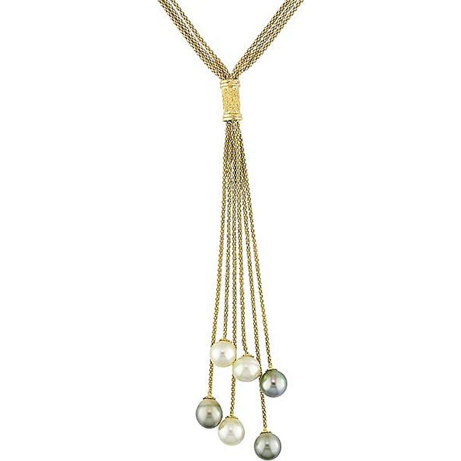   Yellow Gold Multi strand Pearl Drop Necklace (9 10 mm)  