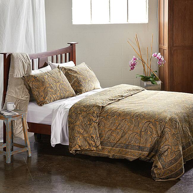 Cotton Kalamkari Olive 3 piece Duvet Cover Set (India)  