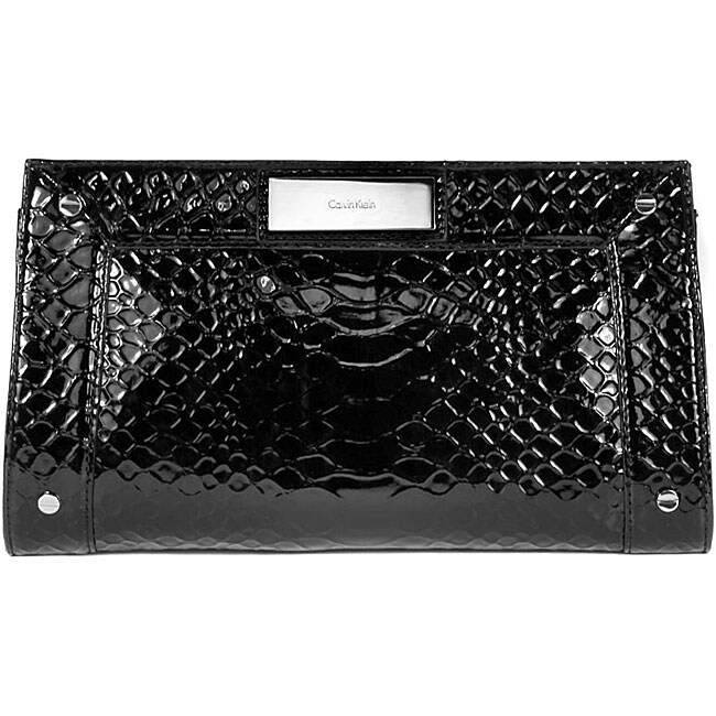 Calvin Klein Shiny Black Python Clutch Handbag  