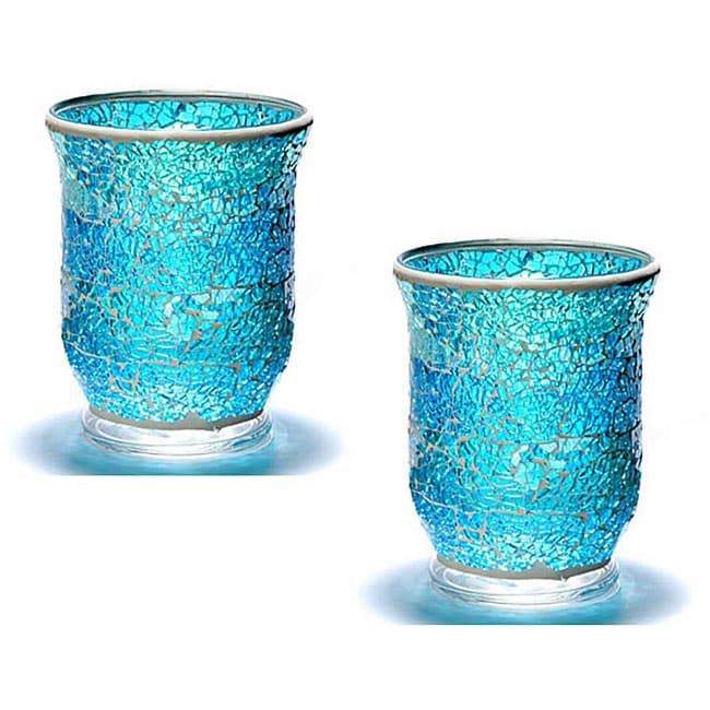   Glass Azure Mosaic Hurricane Candle Holders (Set of 2)  