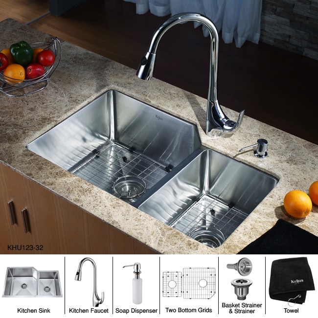 KRAUS 30 Inch Undermount Double Bowl Stainless Steel Kitchen Sink with  Kitchen Bar Faucet and Soap Dispenser in Stainless Steel - Bed Bath &  Beyond - 5176327