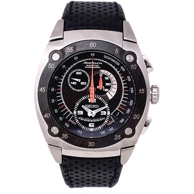 Seiko Men's Sportura Kinetic Chronograph Black Leather Strap Watch ...