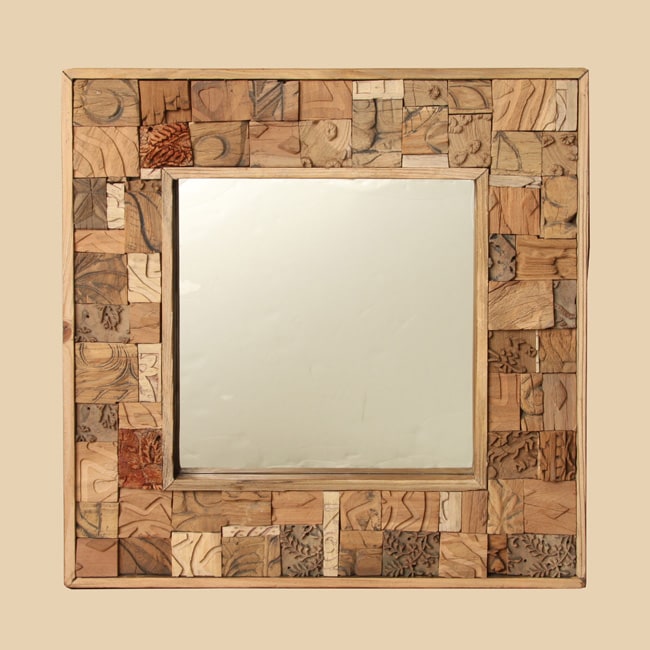 Reclaimed Wood Natural Finish Block Mirror (India)  