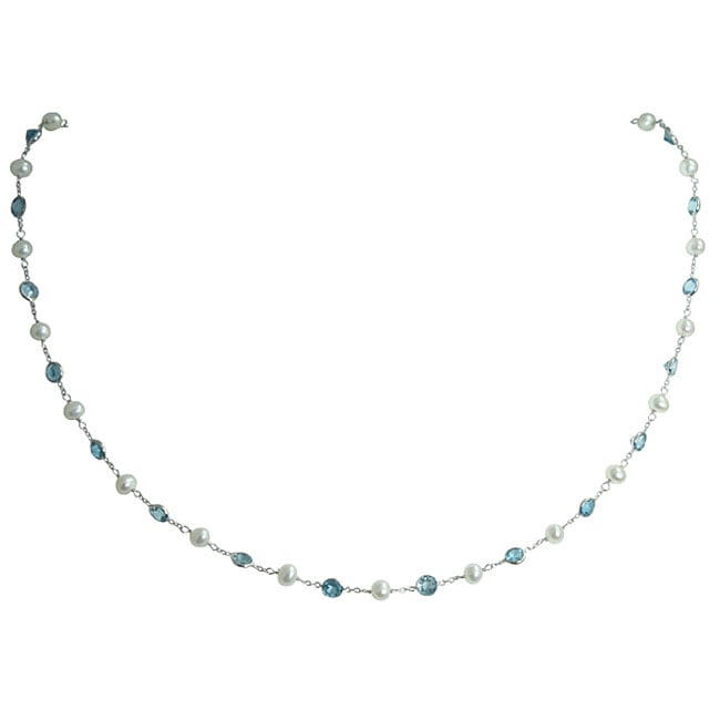 14k White Gold Blue Topaz and White Freshwater Pearl Necklace (3.4 mm)