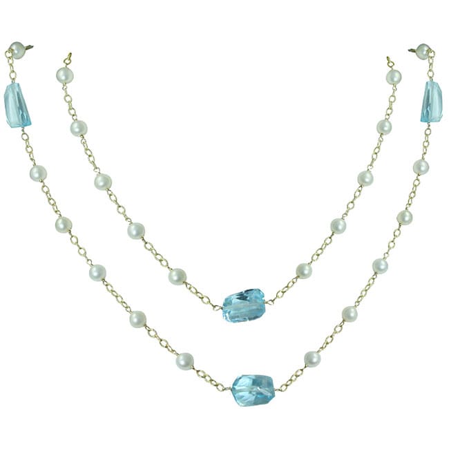 14k Yellow Gold Blue Topaz and Pearl Necklace (3.4 mm)  