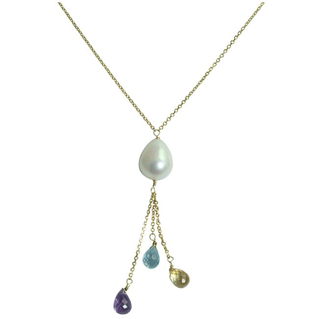 10k Gold Freshwater Pearl and Multi gemstone Y Necklace (9 12 mm 