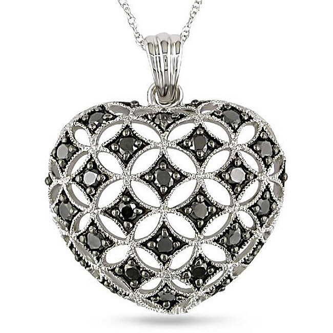 10k White Gold 1ct TDW Black Diamond Heart Necklace