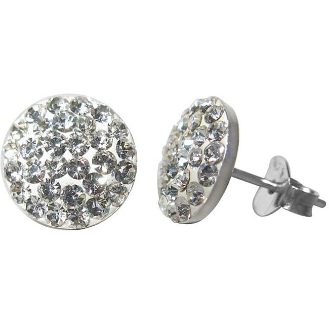Sterling Silver Clear Crystal Flat Round Stud Earrings Free Shipping