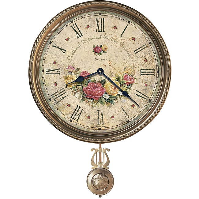 Howard Miller Savannah Botanical VII Rustic, Floral, Farmhouse, Old World Style Distressed, Round Wall Clock with Pendulum - N/A