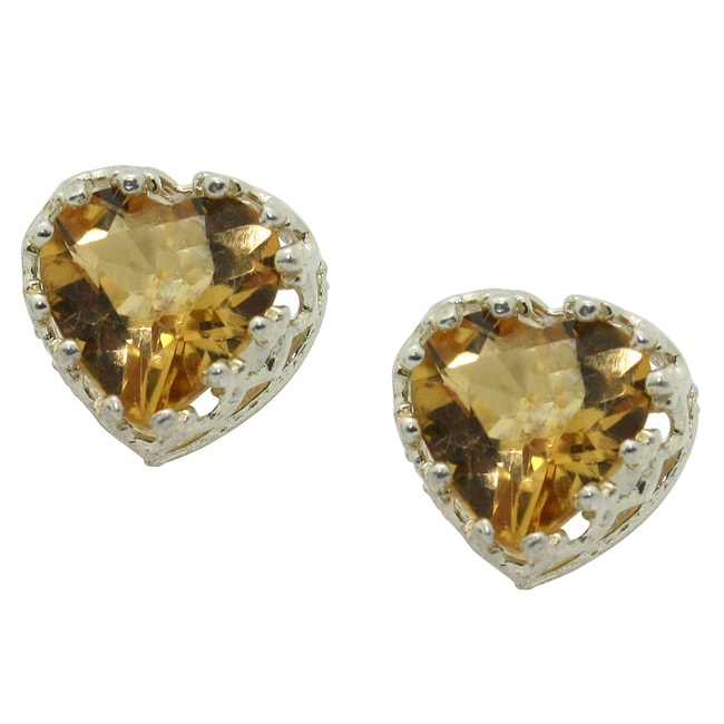   Silver Citrine 8 mm Heart shaped Stud Earrings  