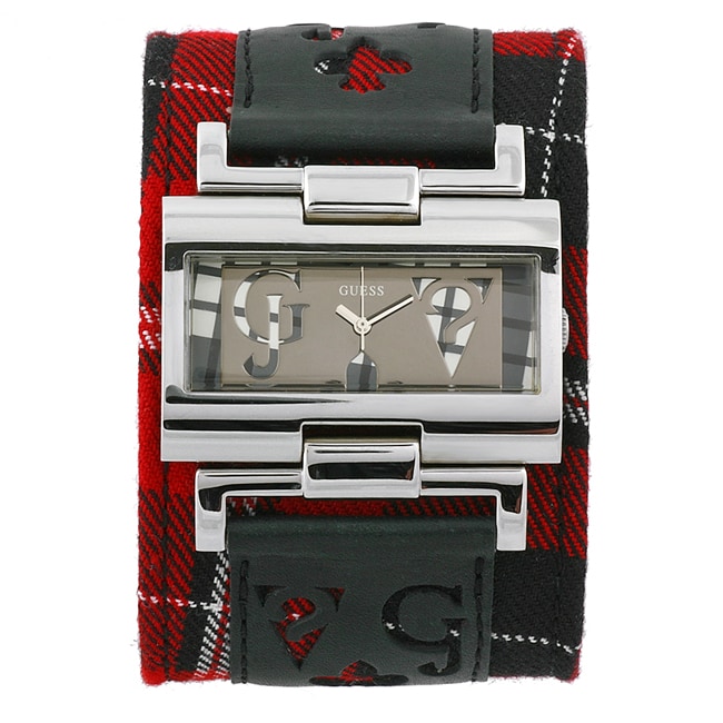 Guess Womens Tartan Plaid Leather Strap Watch  