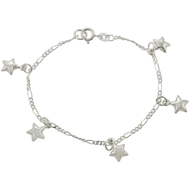 Sterling Silver Puffed Star Kids Charm Bracelet  