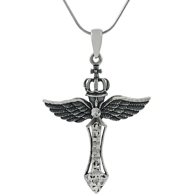 Journee Sterling Silver Cross and Angel Wing Necklace - Free Shipping ...