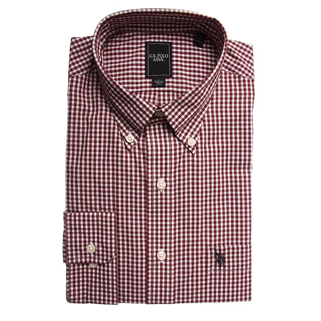 US Polo Mens Wrinkle Free Red Checked Dress Shirt  