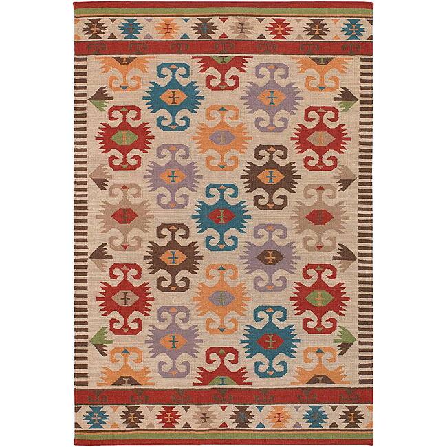 Hand-woven Mandara Tan Wool Rug (5' x 7'6)