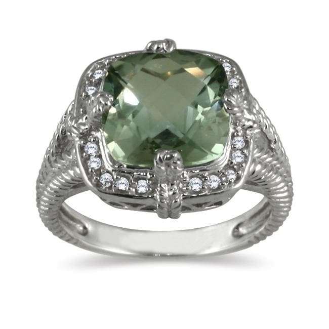 Silver Green Amethyst and 1/10ct TDW Diamond Ring (H I, I2 I3)(Sz 7) Gemstone Rings