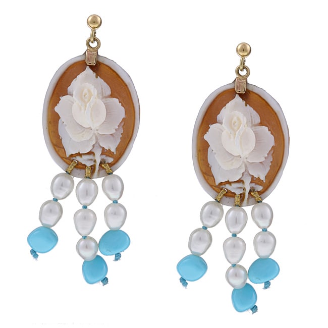 14k Gold Flower Shell Cameo Pearl and Turquoise Earrings (5 mm