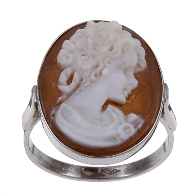 14k White Gold Hand carved Shell Cameo Profile Ring