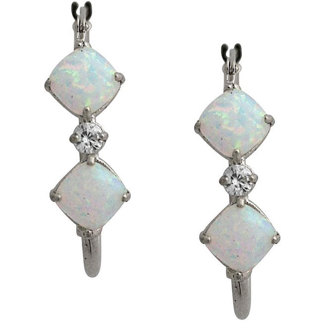 10k White Gold Cushion cut Opal Hoop Earrings  