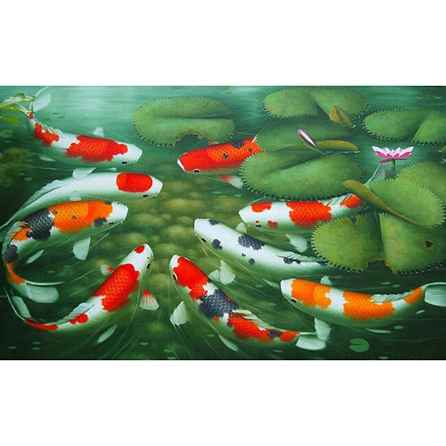 Oil on Canvas Large Koi Fish Painting (Indonesia)  