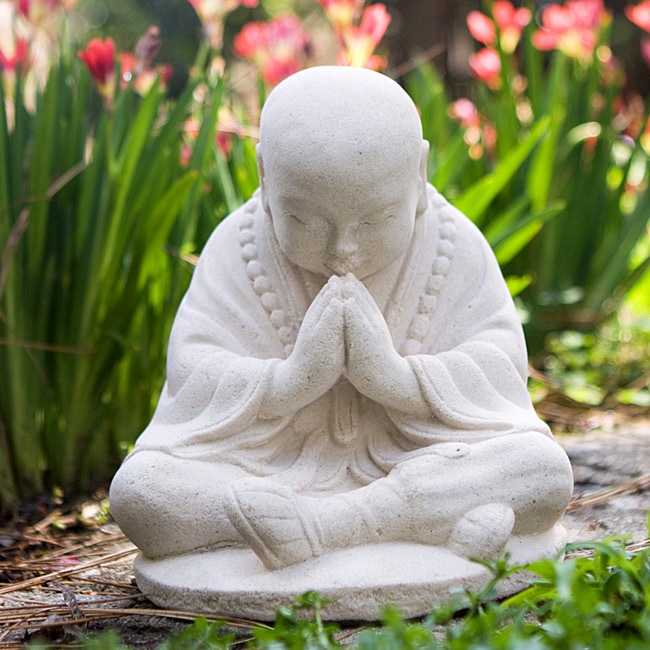 White Sandstone Baby Namaste Praying Monk Sculpture (Indonesia 